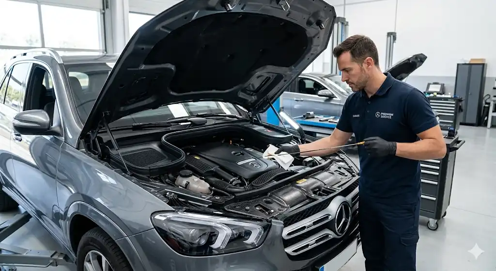 Revisión Mercedes GLE en San Sebastian de Los Reyes​, capo abierto.