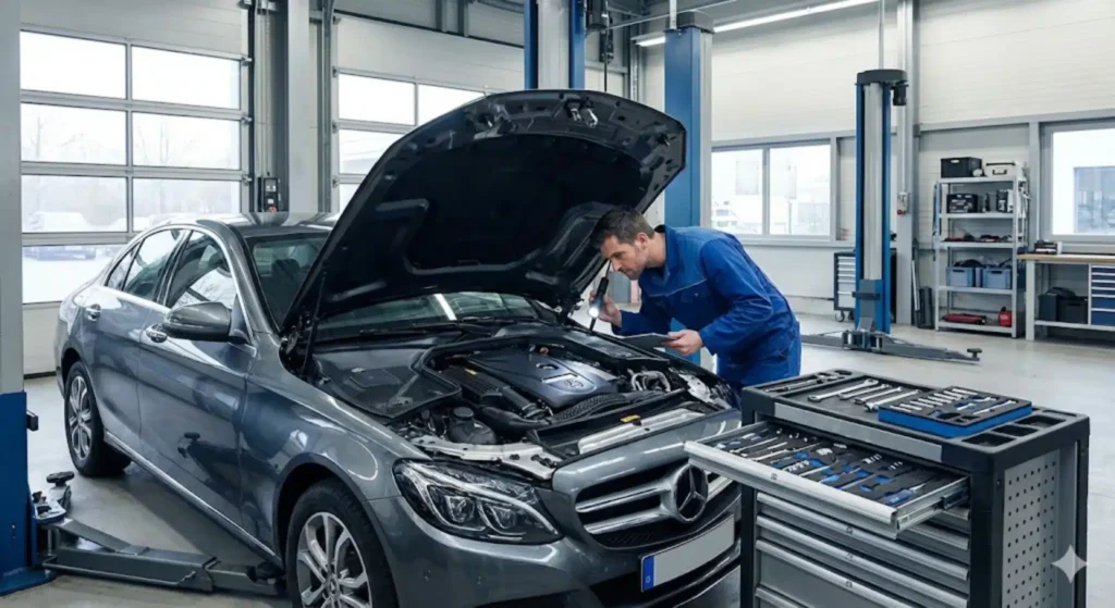 Mecánico haciendo la Revisión Mercedes Clase C en San Sebastian de Los Reyes