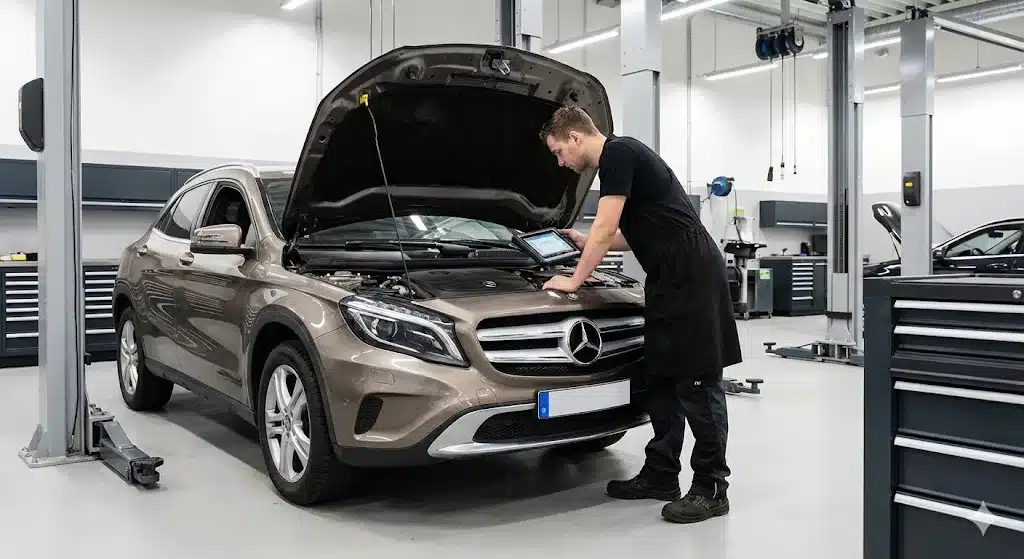 Revision Mercedes GLA en San Sebastian de Los Reyes, Capo abierto.