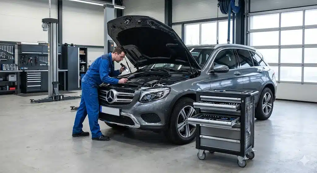 Revisión Mercedes Clase GLC en San Sebastian de Los Reyes, capo abierto.